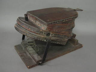 A large pair of 19th Century elm and iron bellows, reputedly  used for enhancing fire engine boilers