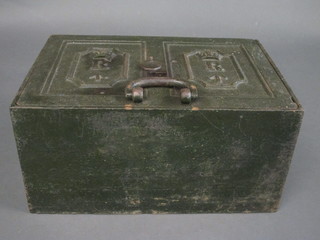 A War Office issue rectangular metal strong box with hinged lid, with crowned R and crows foot mark, 18"