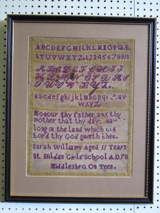 A Victorian stitch work sampler with alphabet and motto by  Sarah Williams aged 11 St Hildas Girls School AD78, 15" x 11",  small hole