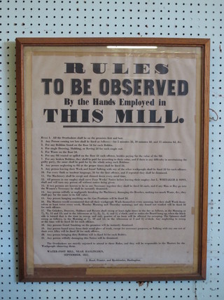 A framed poster "The Rules to be Observed in this Mill" printed  by J Reed 20" x 16"