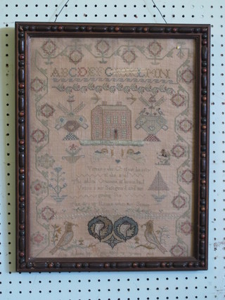 A woolwork sampler by A M Adams 1854 with alphabet, house  and birds 16" x 12"