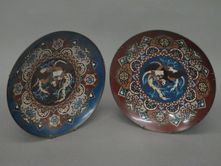 2 cloisonne enamelled chargers decorated mythical birds 12"
