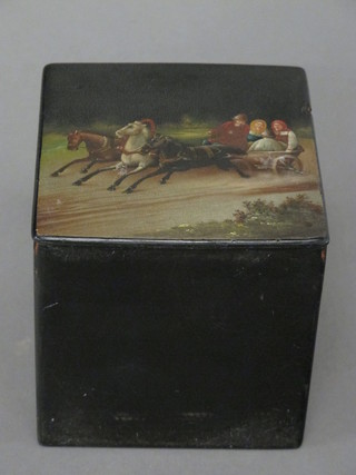 A square Russian lacquered caddy with hinged lid decorated carriage scene 4", slight chip to lid,