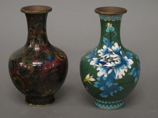 A green ground club shaped cloisonne enamelled vase 6" and 1 other 15"