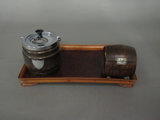 An Eastern rectangular walnut tray 16", a turned oak biscuit barrel and a trinket box in the form of a barrel