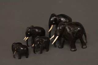 6 various carved wooden figures of elephants