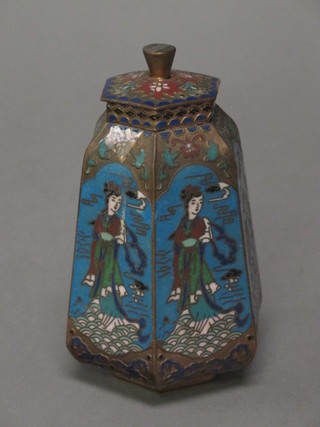 An octagonal blue ground cloisonne urn and cover decorated  figures 5"