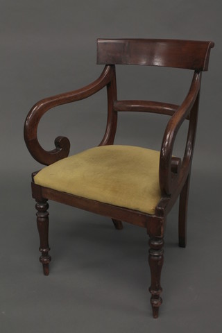 A 19th Century mahogany bar back desk chair with shaped mid  rail and upholstered seat, raised on turned supports