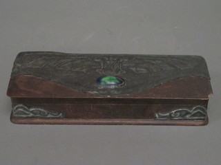 An Art Nouveau rectangular wooden and pewter mounted glove box set a cabouchon blue stone 10"