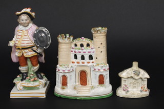 A 19th Century Staffordshire figure of a standing Sir John Falstaff, f, 8", a spill vase in the form of a castle 6" and 1 other  cottage 3"