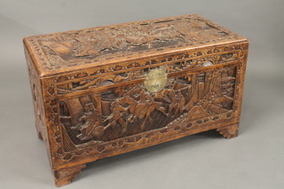A Hong Kong carved camphor coffer with hinged lid 39"
