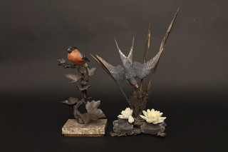 An Albany porcelain and metal figure of a Bull Finch 8" and 1  other of a diving bird amidst reeds