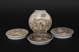 4 19th Century Prattware pot lids - The Sportsman, Both Alike, No By Heavens Exclaim May I Perish If Ever I Plant In That  Bosom A Thorn and 1 other decorated a lady watering cattle