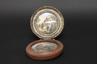 2 Prattware pot lids contained in socle mounts - War and Village Scene with Morris Dancers