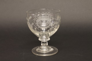 An 18th/19th Century wedding rummer with etched thistle and  rose decoration, monogrammed 7"
