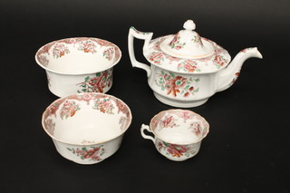 A 19th Century red and floral patterned 4 piece tea service  comprising teapot, lid cracked, slop bowl - cracked and sugar  bowl - cracked