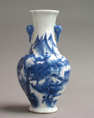 An Oriental porcelain club shaped twin handled vase decorated landscape 10"