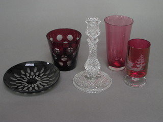 A ruby glass beaker with roundel decoration together with a  small collection of glassware