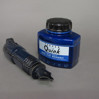 A Hobs Welsh design pottery trinket box in the form of a bottle  of Parker Quink Ink 7" and a trinket box in the form of a  fountain pen 13"