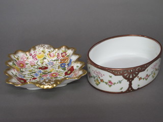 An oval porcelain dish with floral decoration and silver plated mounts 10" and a Hammersley & Co square twin handled dish  with gilt and floral decoration 9"