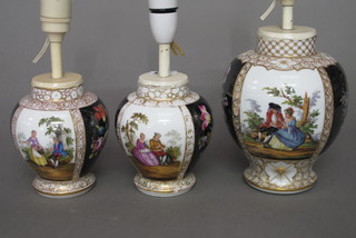 3 graduated Dresden style pottery vases converted to table lamps