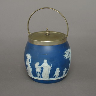 A circular blue and white Jasperware biscuit jar and cover with plated mounts