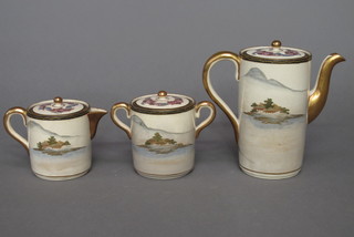 A 3 piece Japanese Satsuma porcelain coffee service of  cylindrical form comprising coffee pot, twin handled sugar bowl  and cream jug