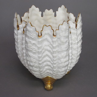 A circular Coalport white glazed porcelain leaf shaped vase 8"