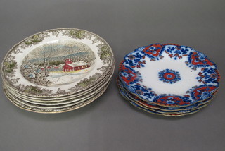 4 Hampton pattern plates 9" and 6 Johnson Bros. The Friendly  Village pattern plates 10" and a green bowl with rose decoration