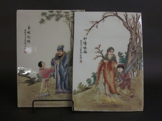 A set of 4 Oriental porcelain plaques depicting standing figures  14" x 10"