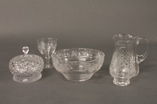 A cut glass jug, do. bowl, 2 etched glass bowls, a powder bowl and cover and other glassware
