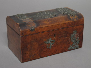 A Victorian figured walnut D shaped trinket box with metal  mounts 8"