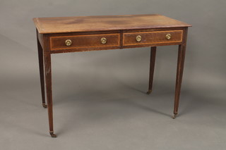 An Edwardian rectangular inlaid mahogany side table fitted 2  drawers and raised on square tapering supports 42"