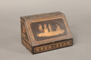 An inlaid mahogany Sorrento stationery box with hinged lid decorated dancing figures 8 1/2"