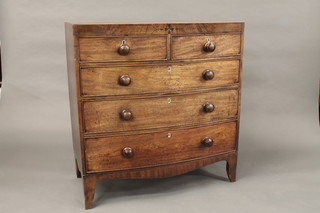A 19th Century mahogany bow front chest of 2 short and 3 long drawers with ivory escutcheons and tore handles, raised on  bracket feet 37"