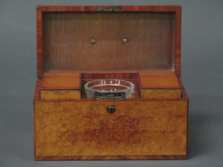 A Victorian maple twin section tea caddy with hinged lid  complete with mixing/sugar bowl  ILLUSTRATED