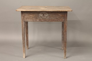 An 18th Century elm side table fitted drawer and raised on square tapering supports 30"