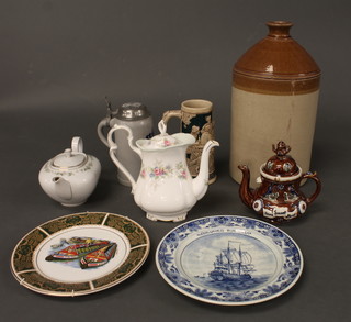 A pottery Bargeware teapot 7", a plate decorated a barge, a large  flagon, 2 salt glazed Steins etc