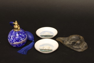 A blue glass perfume atomiser, 2 Royal Worcester dishes decorated sailing ships and a resin figure of a dog