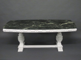 A white painted refectory style coffee table with cream veined marble top raised on bulbous turned supports 60"