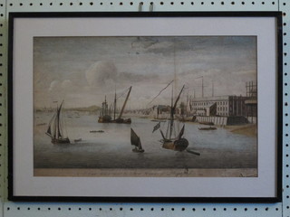 An 18th Century coloured print "A View Taken Near the Store  House at Deptford" slight crease and some damage 10" x 16"