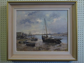Charles Smith, oil on canvas "Heybridge Foreshore, Boats at  Low Tide Shoreham" the reverse with Mall Gallery RSMA  Exhibition label, 16" x 20"