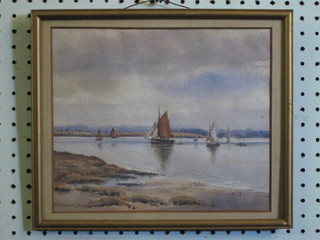 J Smart, watercolour "Estuary Scene with Boats" 9" x 10 1/2"