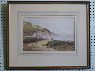 R T Wilding, watercolour drawing "Seascape with Shore Scene  and Figures Walking" 8" x 11"