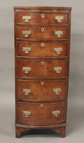 A Georgian style mahogany bow front pedestal chest of 6 long drawers with brass swan neck drop handles, raised on bracket  feet 18"  ILLUSTRATED