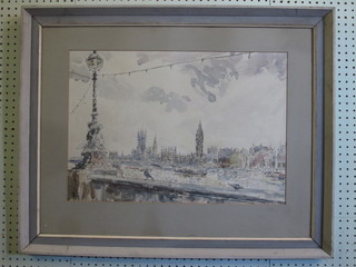 John Lindfield watercolour drawing "Westminster" the reverse  with Trafford Gallery label 15" x 21 1/2"