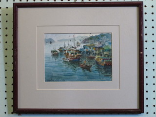 Chin Chung, Oriental School watercolour "Harbour Scene with Fishing Boats and Figures" 5" x 7"
