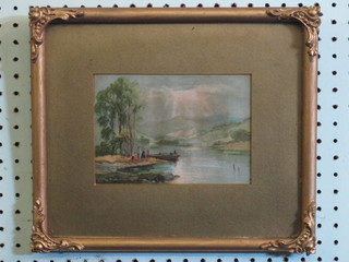 A 19th Century coloured print "Figures by a Lake" 5" x 6" in a  gilt frame