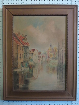 L Burleigh Bruhl, a coloured print "Continental Canal Scene with  Buildings and Figure" 21" x 15"