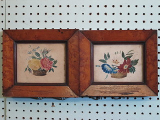 A pair of 18th/19th Century watercolours, still life studies "Baskets of Flowers" 4" x 5", contained in maple frames